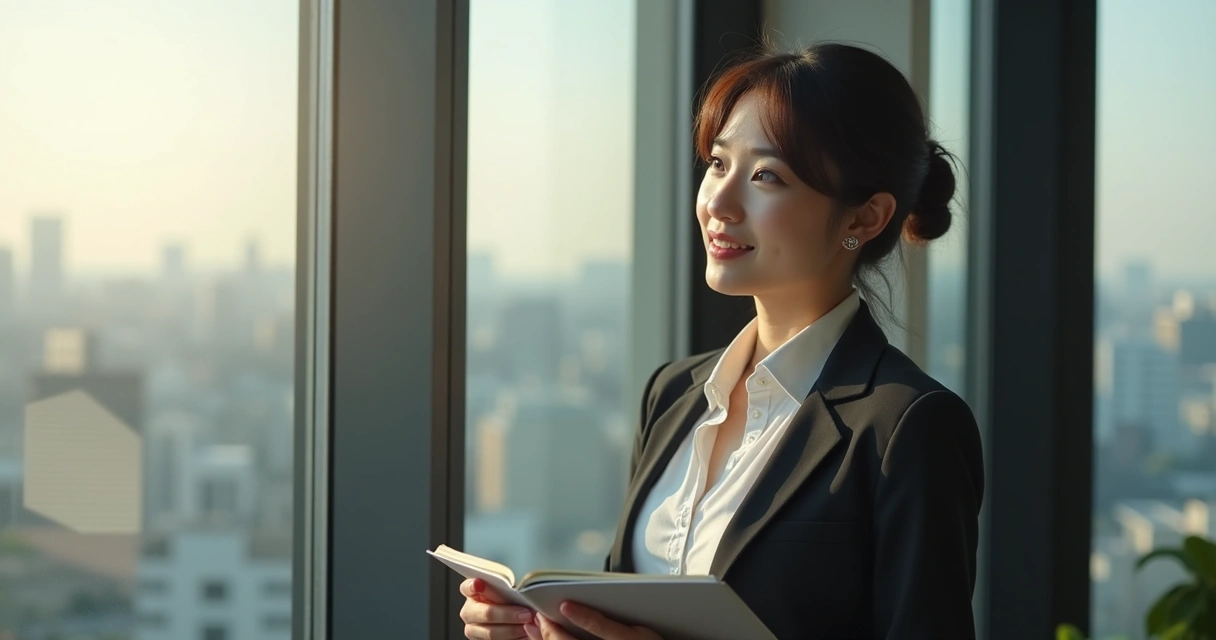 Profissional refletindo ao lado da janela, luz suave destacando semblante inspirado 