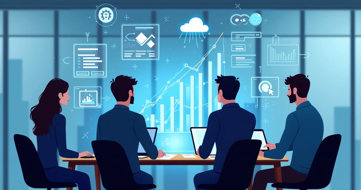 Equipe de vendas planejando com dados em dashboards digitais, mostrando crescimento B2B 