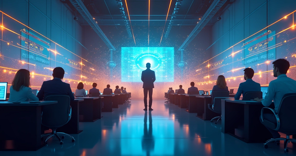 Personagem no meio de dois times, integrando vendas e marketing em uma paisagem de escritório 