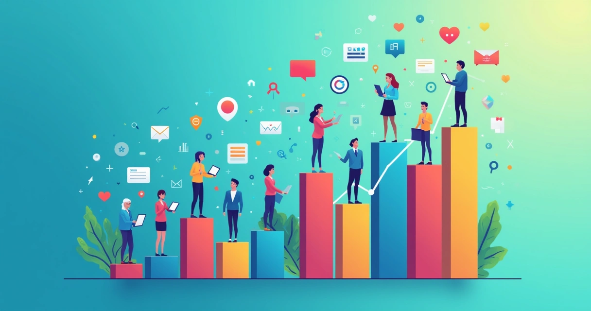 Gráfico em crescimento e várias pessoas conectadas por linhas em rede social 