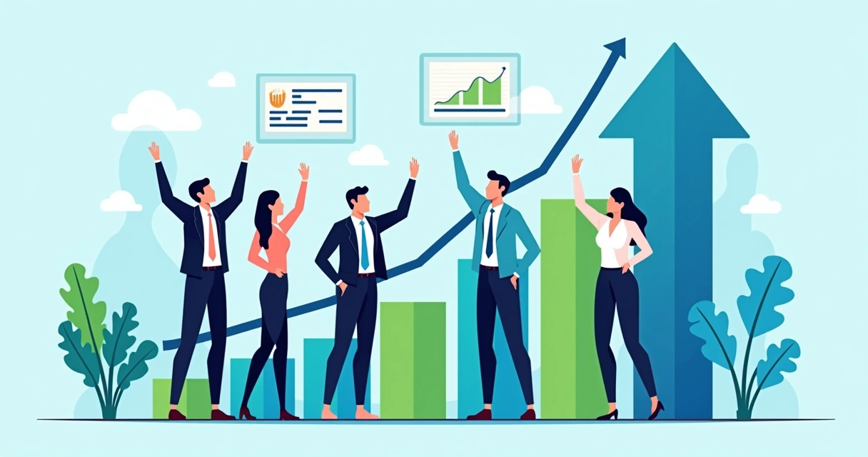 Ilustração representando uma equipe comemorando o crescimento de uma empresa, com gráficos ascendentes ao fundo 