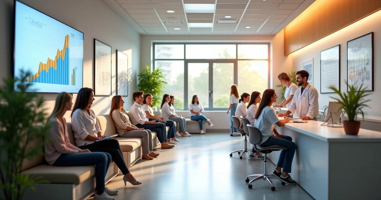 Clínica odontológica movimentada com fila de pacientes felizes e equipe animada 