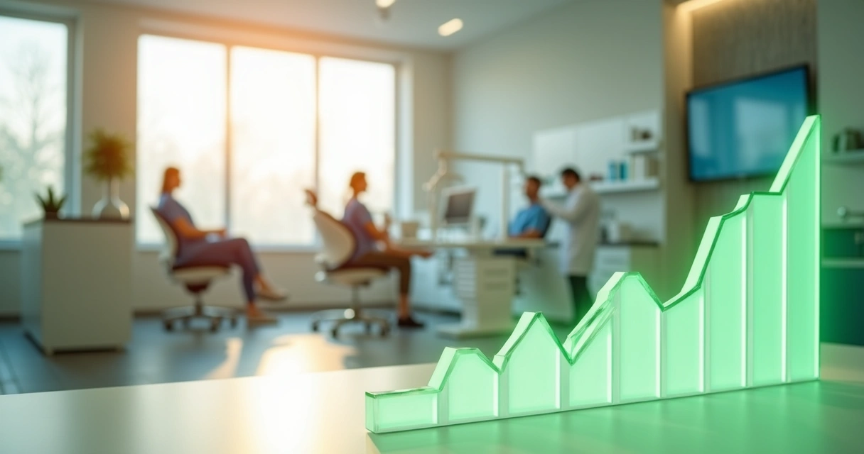 Gráfico de crescimento com consultório odontológico moderno ao fundo 