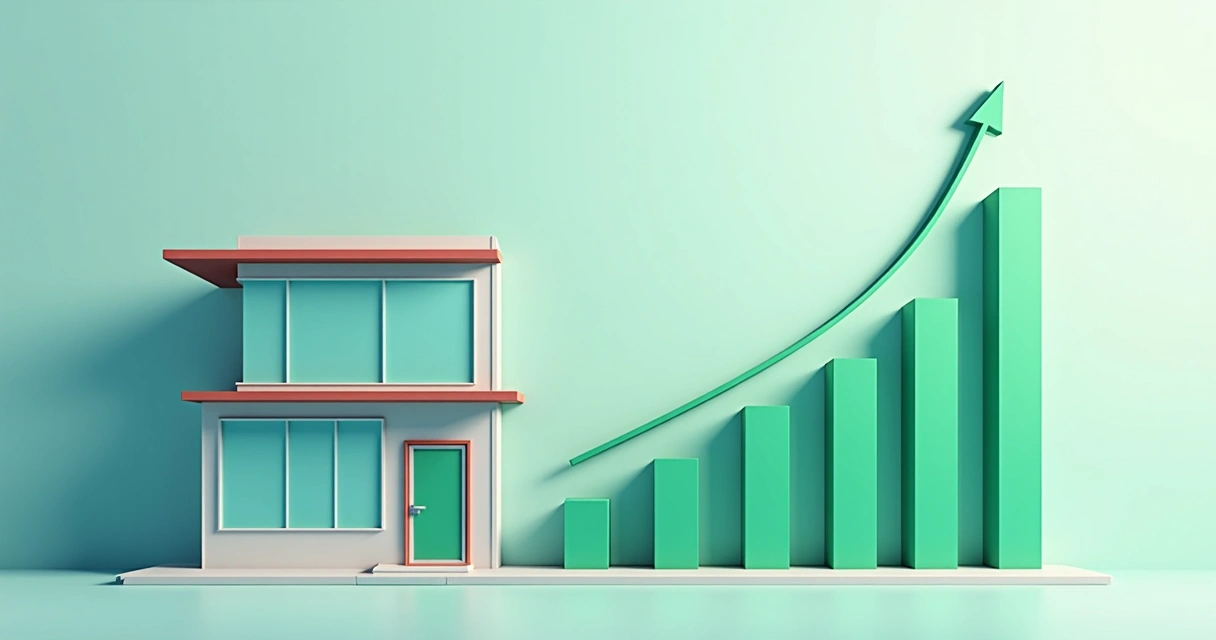 Gráfico subindo ao lado da fachada de uma clínica odontológica moderna 