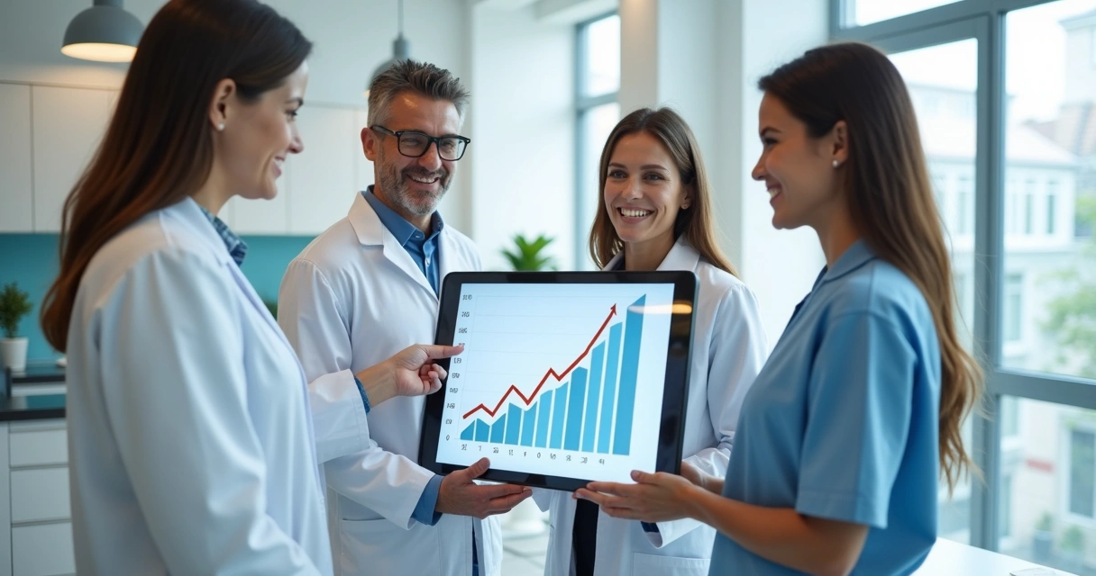 Equipe de clínica odontológica comemorando crescimento de resultados 
