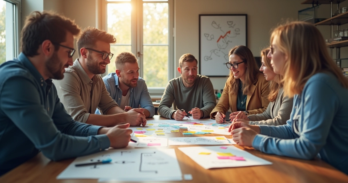 Time colaborando em mesa grande com desenhos de valores e setas de crescimento