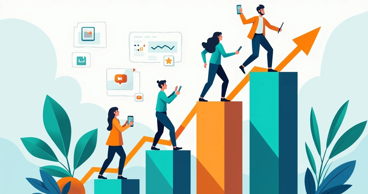 Escada de crescimento digital com equipe subindo e gráficos ascendentes