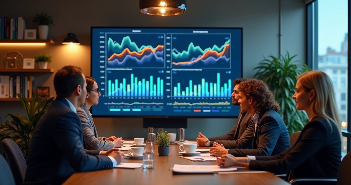 Gestores observando gráficos de crescimento de dados em um monitor na empresa. 