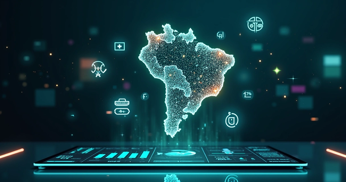Mapas de calor digitais sobre a silhueta do Brasil com ícones de farmácia e gráficos em alta 