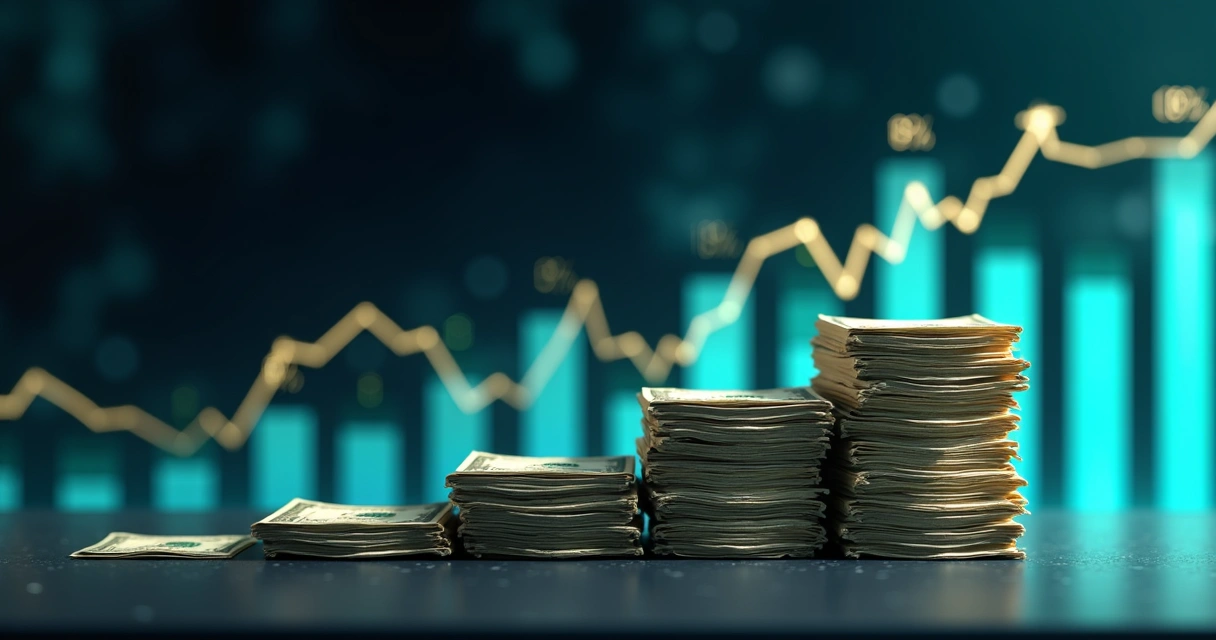 Notas de dinheiro evoluindo em tamanho com gráficos financeiros ascendentes ao fundo 
