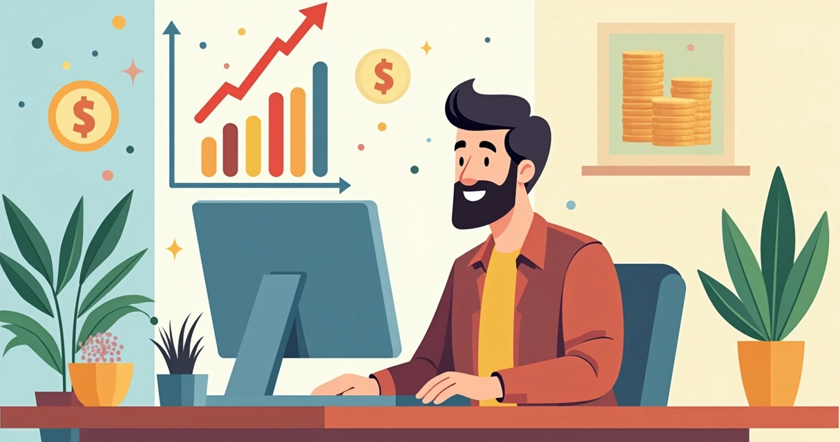 Empreendedor comemorando crescimento com gráficos em alta no computador 