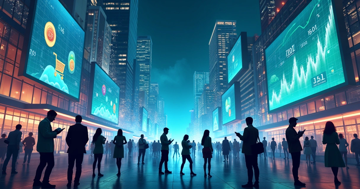 Representação visual do crescimento do e-commerce em 2026, com gráficos e consumidores digitais 