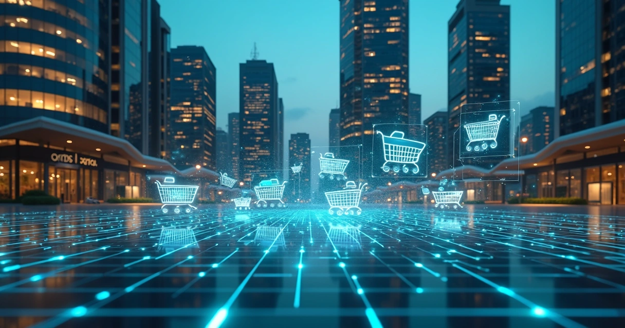 Vista aérea de grandes centros urbanos e representações digitais de e-commerce e logística conectadas 