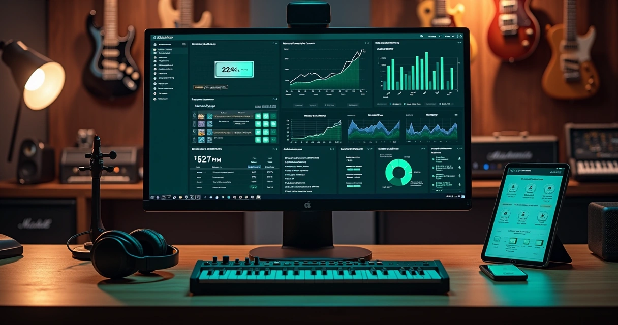 Loja virtual de instrumentos musicais com gráficos de vendas em forte crescimento 