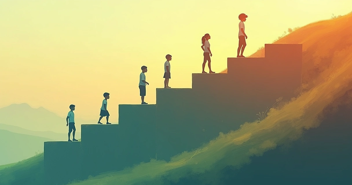 Ilustração de várias pessoas em diferentes fases do crescimento, mostrando evolução emocional 