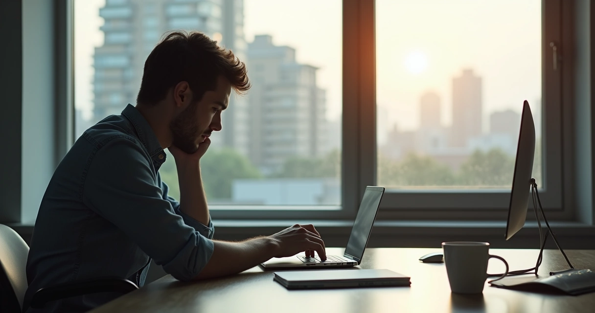 Pessoa sentada olhando para baixo com caderno ao lado, expressão pensativa, fundo de escritório moderno, luz natural entrando pela janela 
