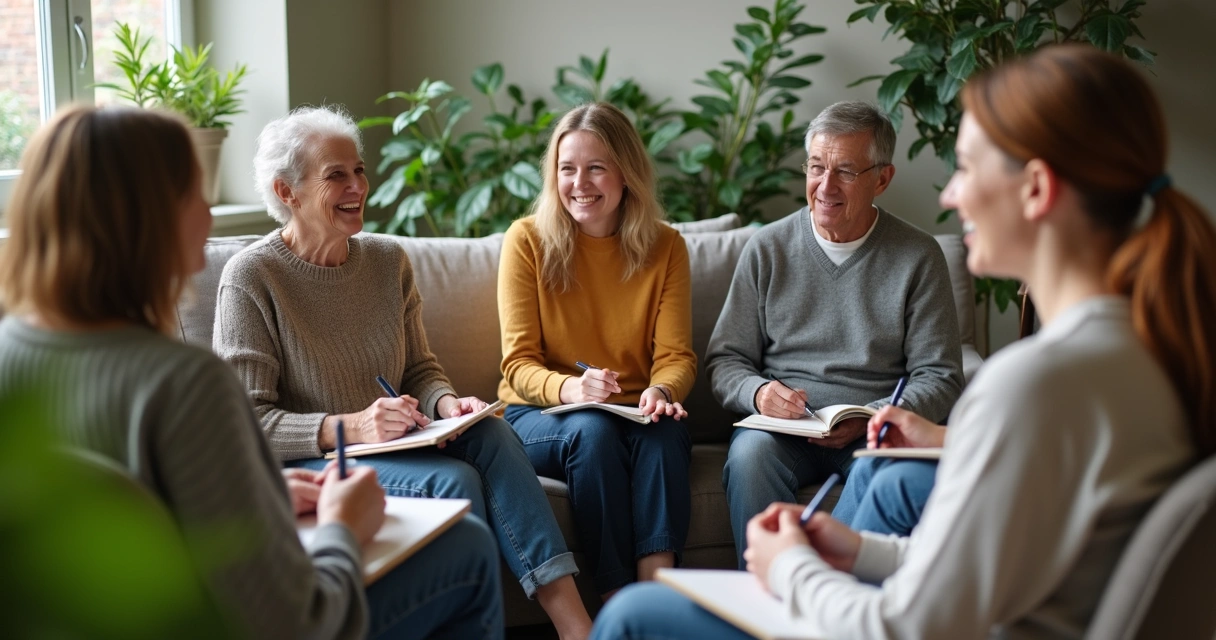 Grupo de pessoas em roda sorrindo com sentimento de conexão 