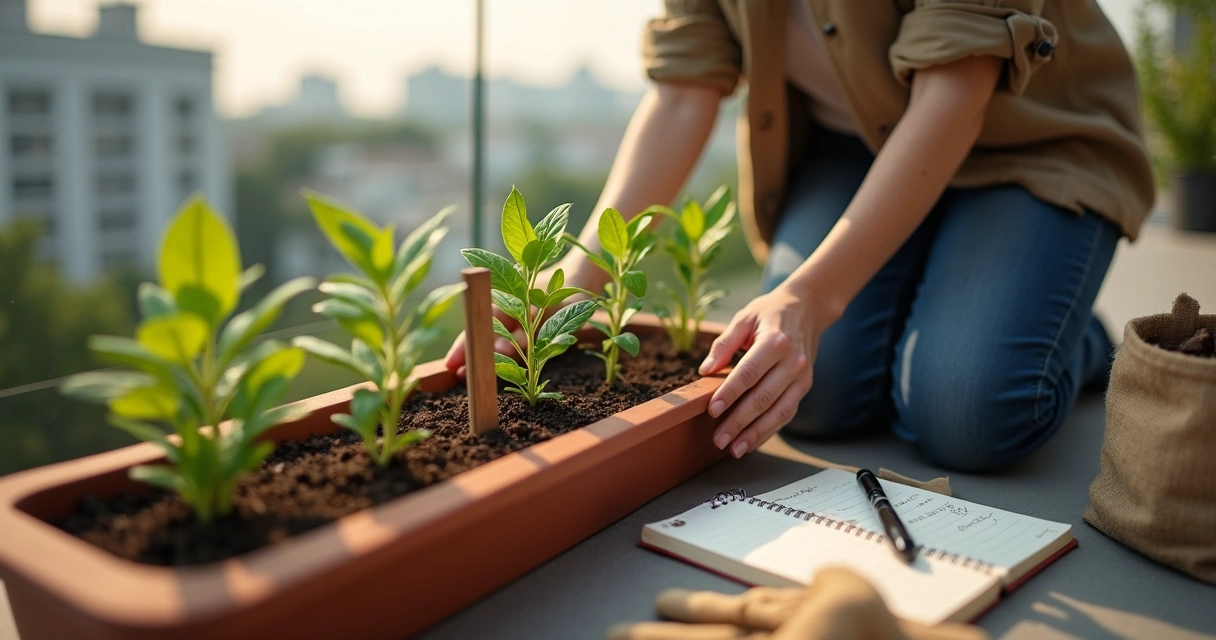 Pessoa cuidando de pequeno jardim com oito plantas em diferentes estágios de crescimento 