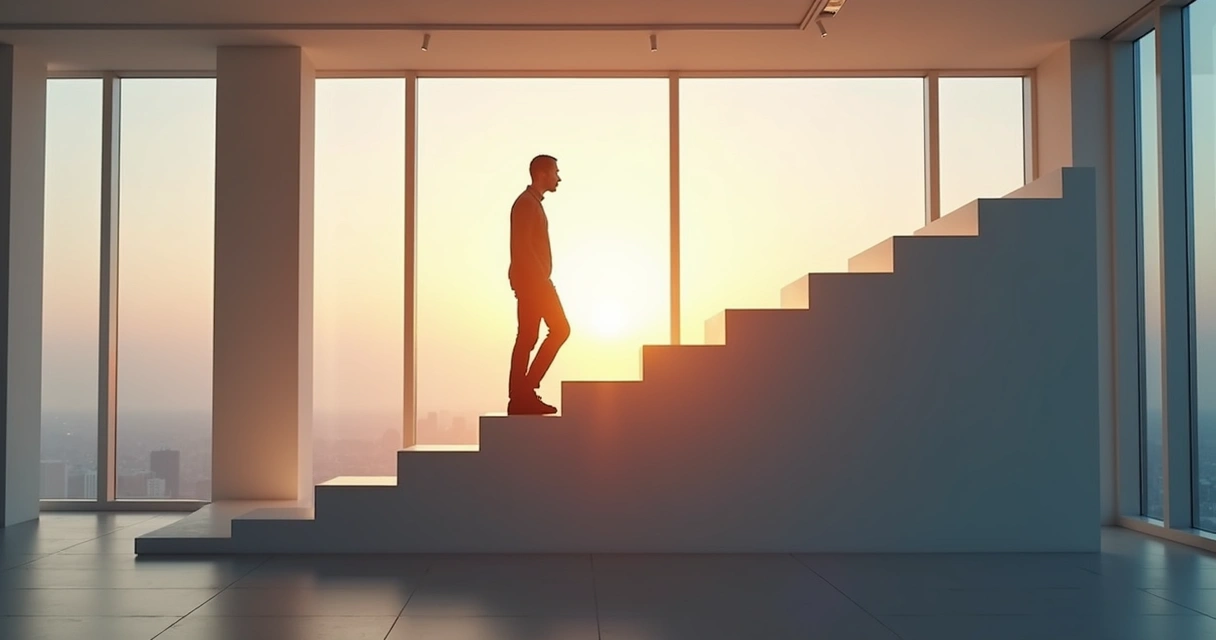 Silhueta de uma pessoa subindo degraus dentro de um escritório iluminado, representando crescimento. 