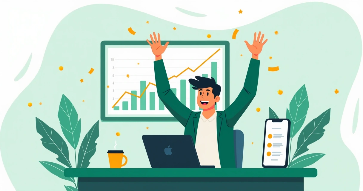 Empreendedor digital comemorando gráfico de vendas em ascensão 