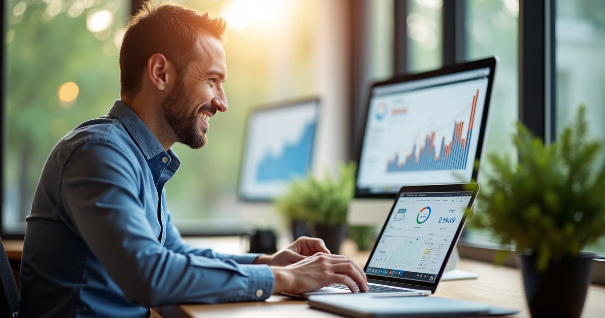 Empresário animado revisando gráficos de crescimento após automação IA 