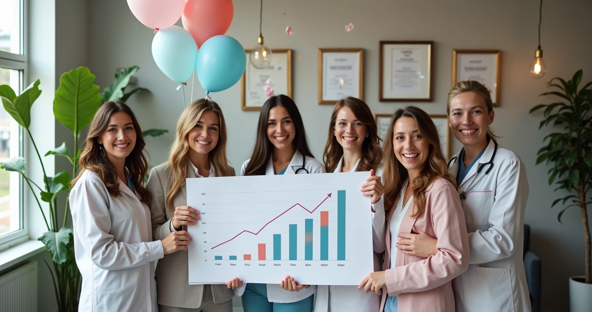 Equipe de clínica de saúde comemorando expansão do negócio 