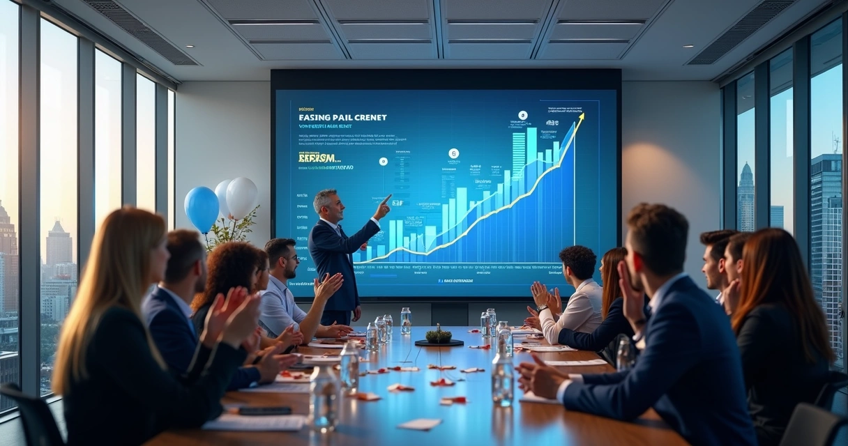 Gráfico de crescimento com pessoas celebrando resultados ao lado 