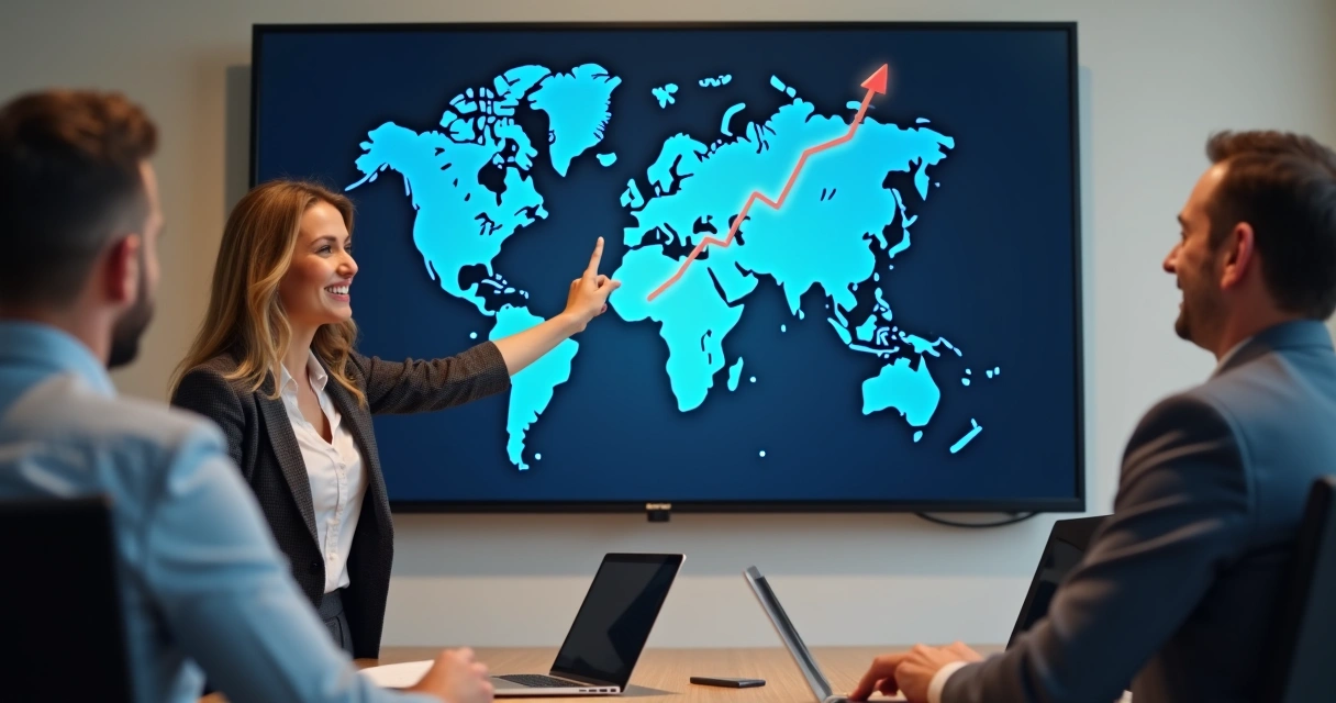 Gráfico de crescimento digital em sala de reunião com empresários 