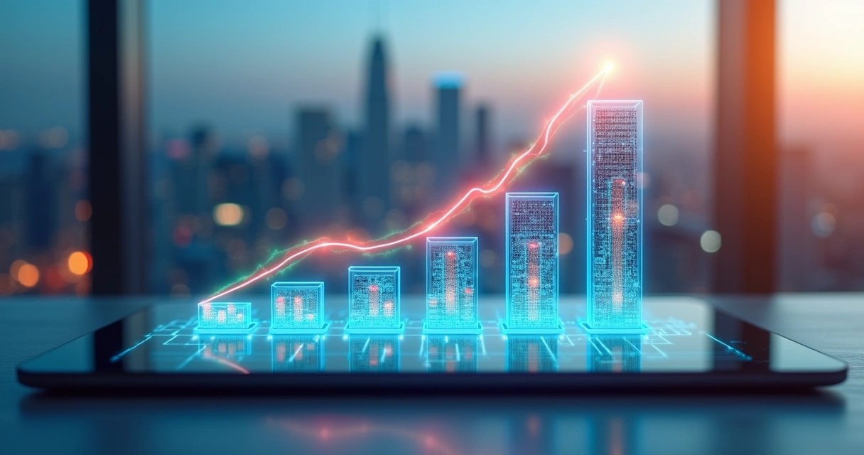 Representação gráfica do crescimento empresarial com gráficos ascendentes e tablets