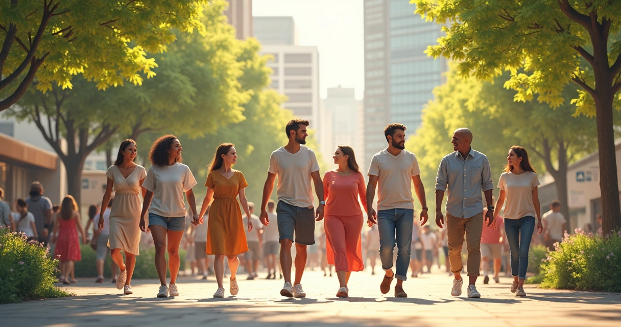 Pessoas de diferentes idades e culturas caminhando juntas em uma cidade moderna e harmoniosa 