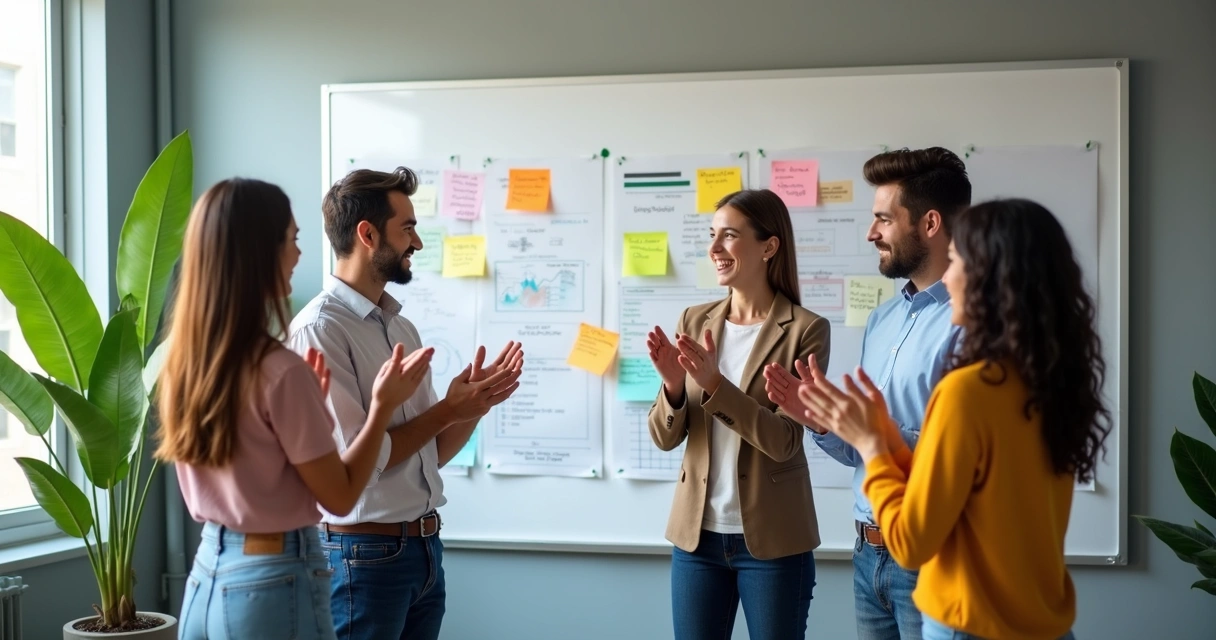 Equipe diversa sorrindo e comemorando evolução em um quadro durante reunião 