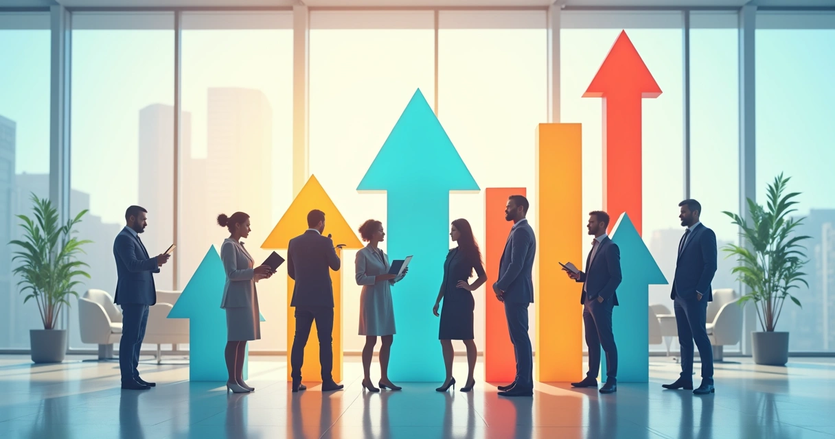 Equipe crescendo junto, setas e gráficos indicando progresso coletivo 