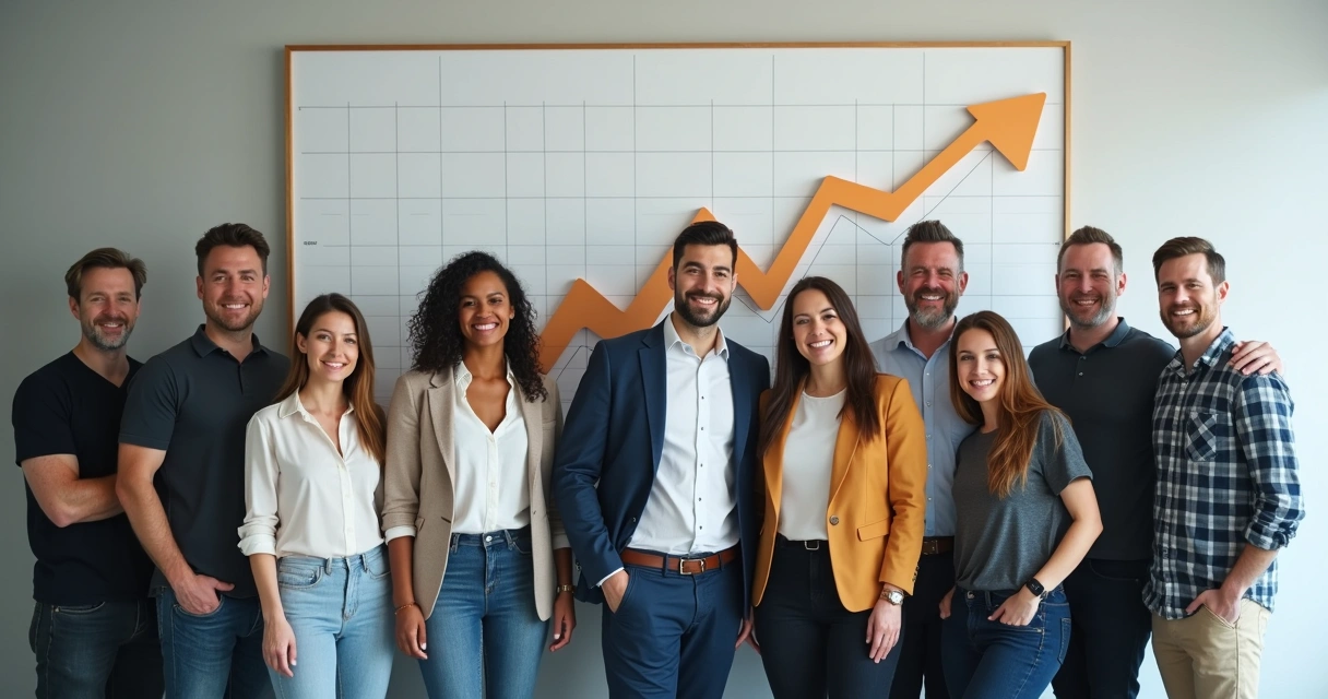 Time sorridente em frente a gráfico crescente representando amadurecimento coletivo
