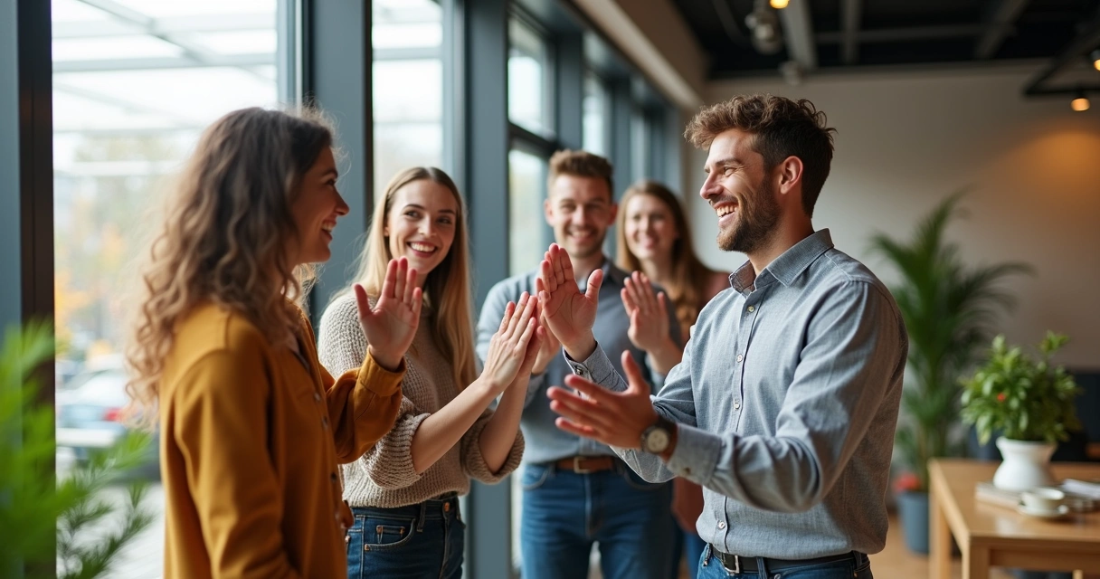 Equipe celebrando em ambiente de trabalho, expressando felicidade e conexão 