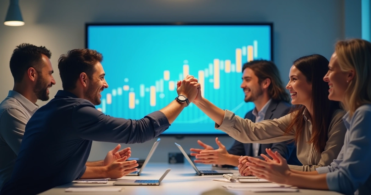 Equipe celebrando resultado positivo com gráfico crescente ao fundo 