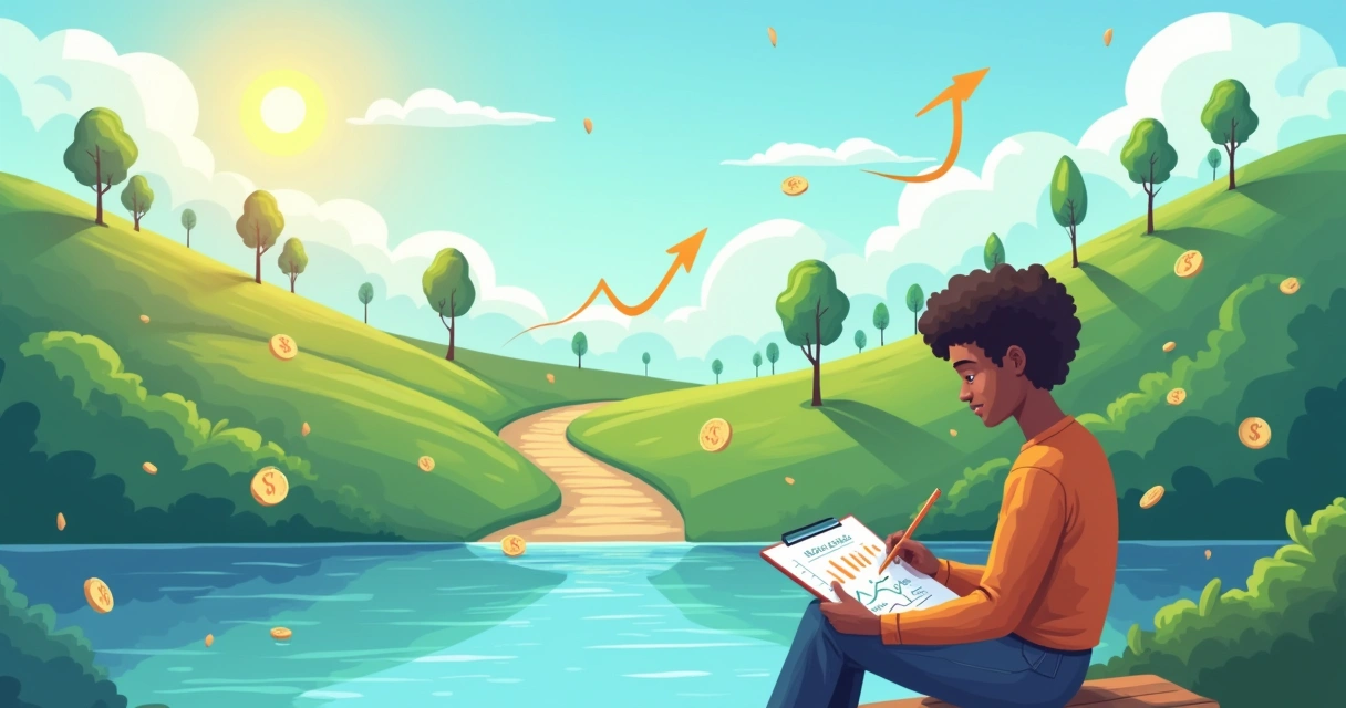 Paisagem tranquila simbolizando crescimento financeiro com céu azul, lago refletivo e uma pessoa planejando no banco.