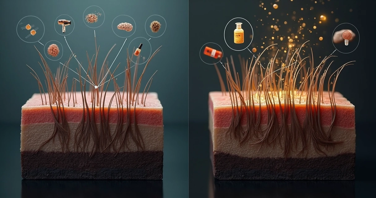 Ilustração mostrando comparação de fios de cabelo fracos e fortes 