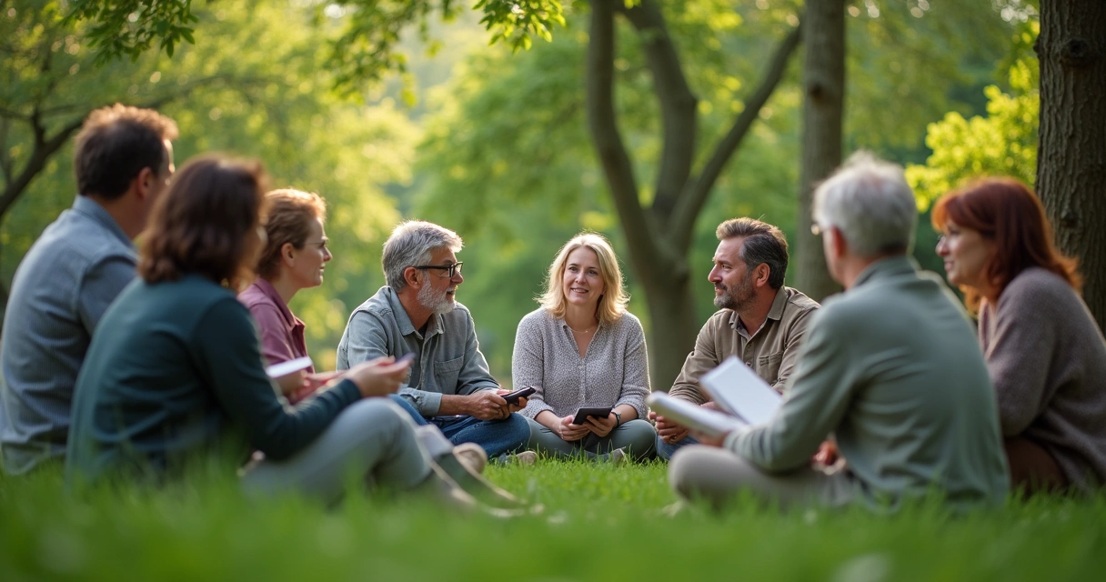Pessoas sentadas em círculo em ambiente natural, refletindo e discutindo 