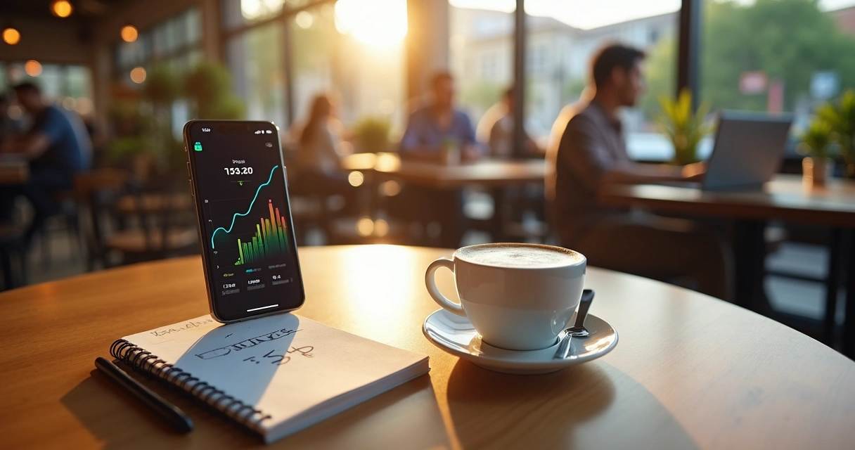 Celular com gráfico de juros compostos crescendo sobre mesa de café 