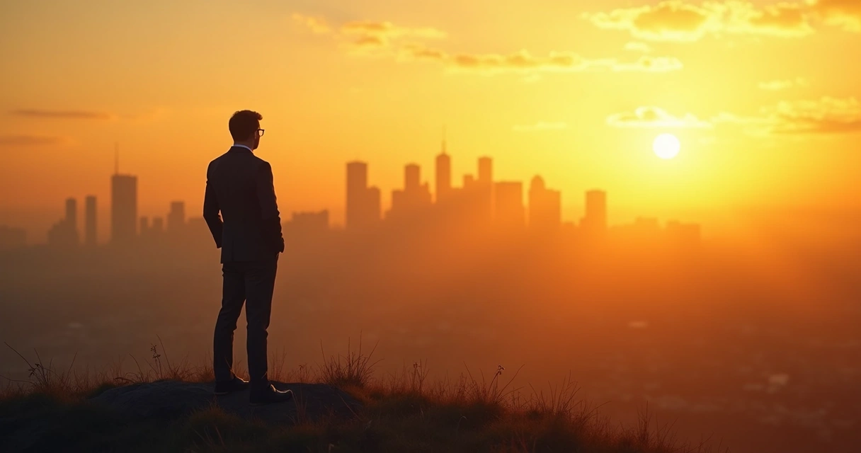 Silhueta de líder olhando horizonte, pôr do sol ao fundo