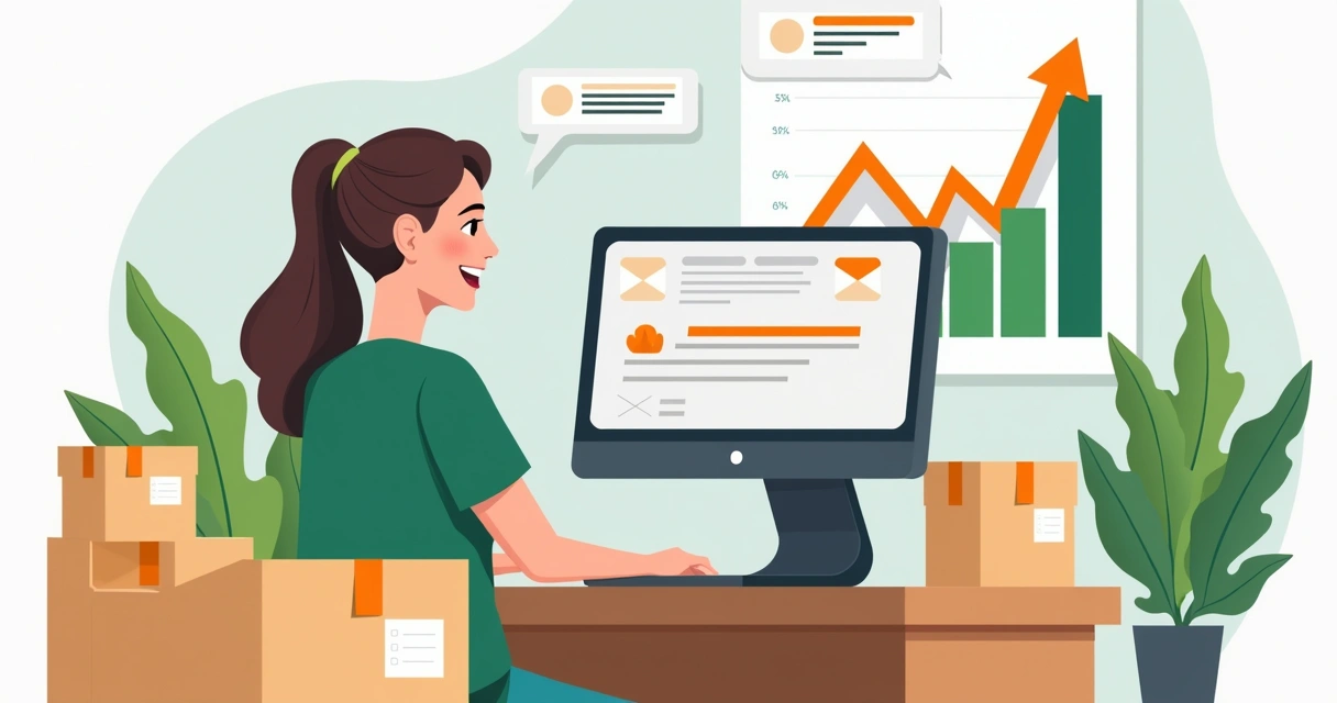Ilustração de gráfico de vendas subindo ao lado de caixas de produtos e um laptop 