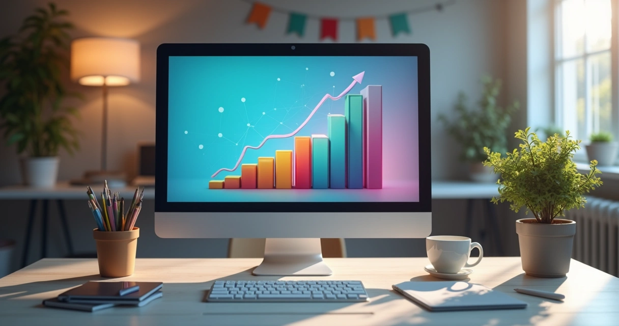 Gráfico de barras coloridas subindo em tela de computador, representando crescimento de loja virtual.