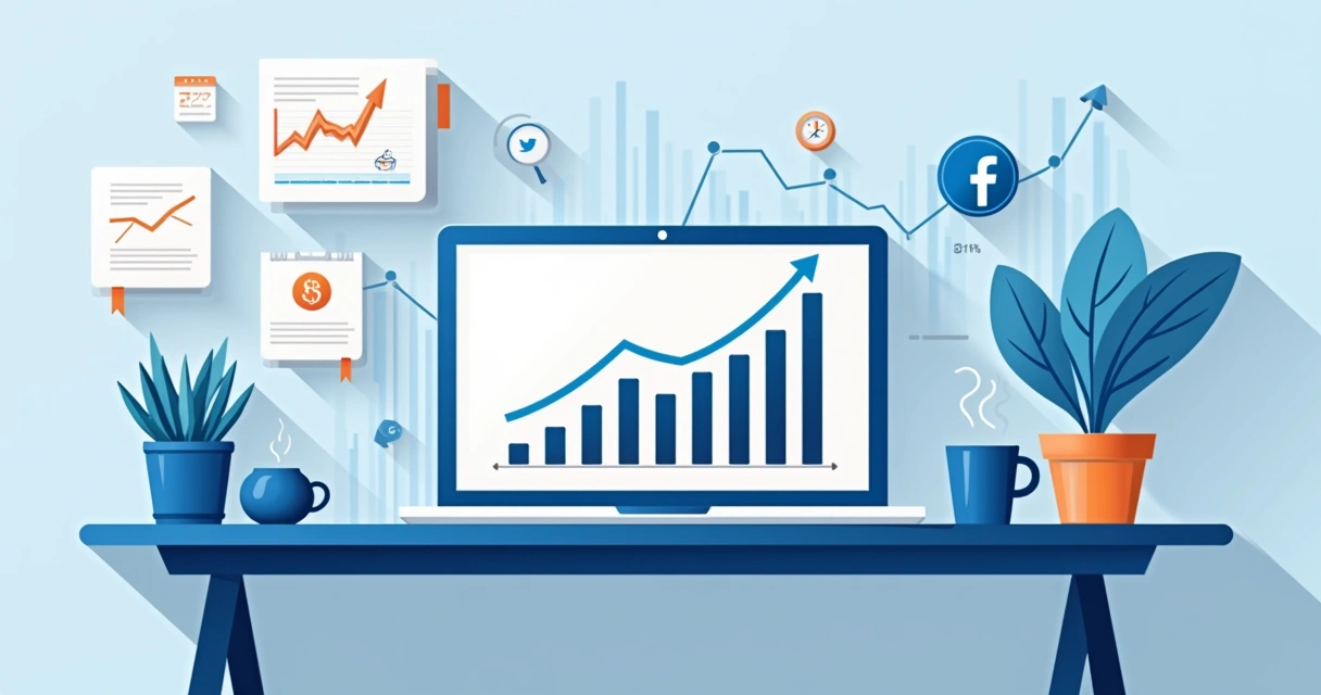 Crescimento digital com gráfica, laptop e elementos de redes sociais para escritório contábil 