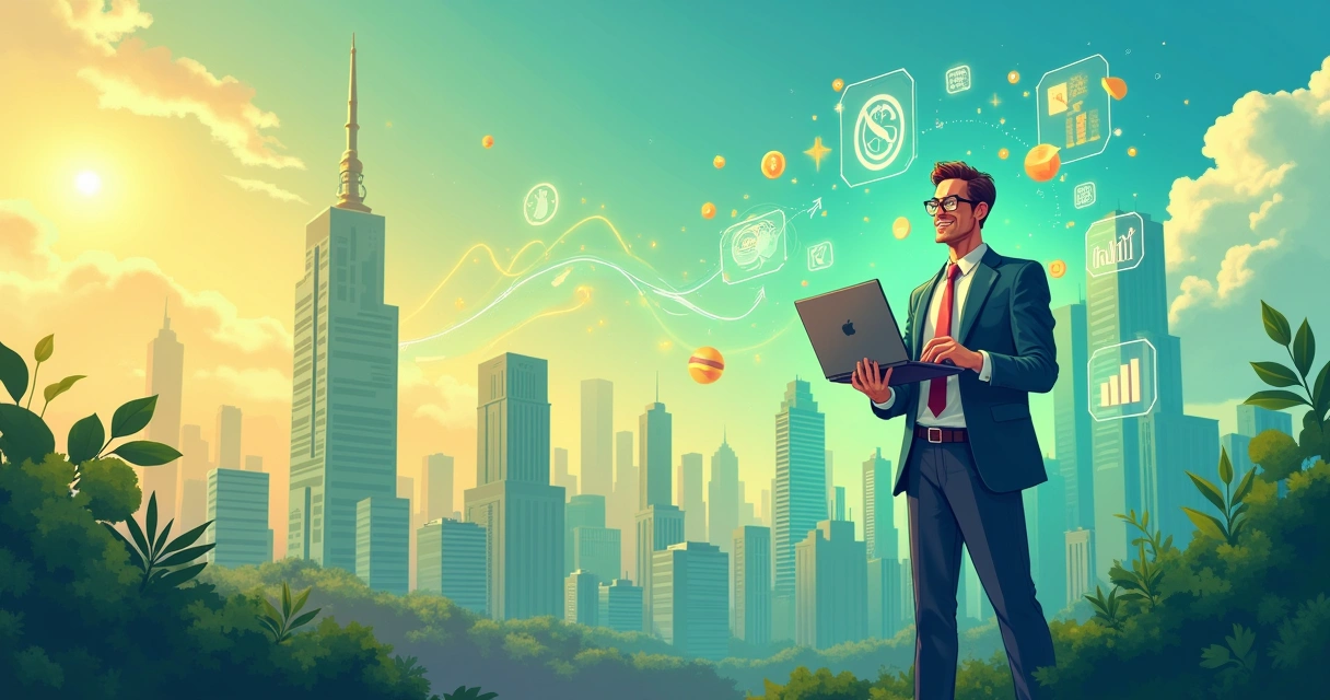 Cena vibrante com contador, laptop mostrando gráfico crescente, cidade futurista ao fundo, ícones financeiros flutuantes.