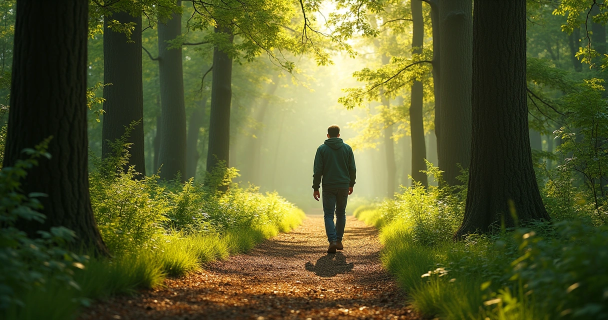 Pessoa caminhando por um caminho na natureza, árvores ao redor, símbolo de crescimento pessoal 