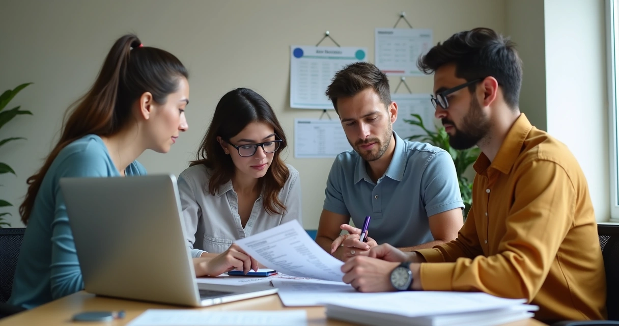 Pequena equipe reunida em escritório com documentos financeiros