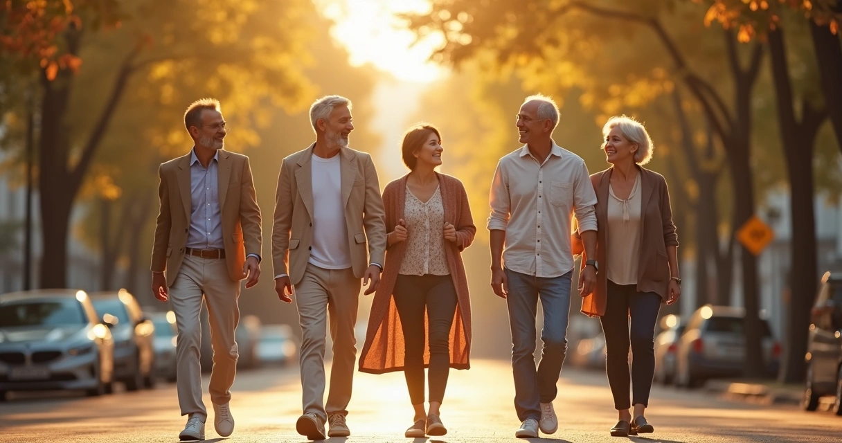 Pessoas diferentes andando lado a lado em uma rua arborizada, sugerindo crescimento mútuo. 