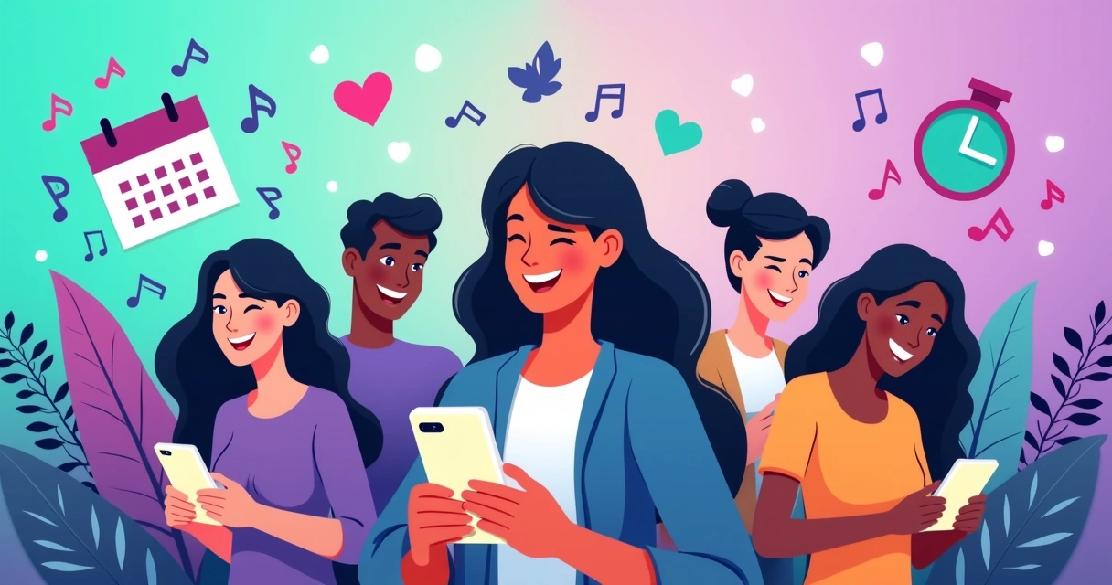 Grupo diversificado interagindo com smartphones, cercado por elementos vibrantes do TikTok, como notas musicais e corações.