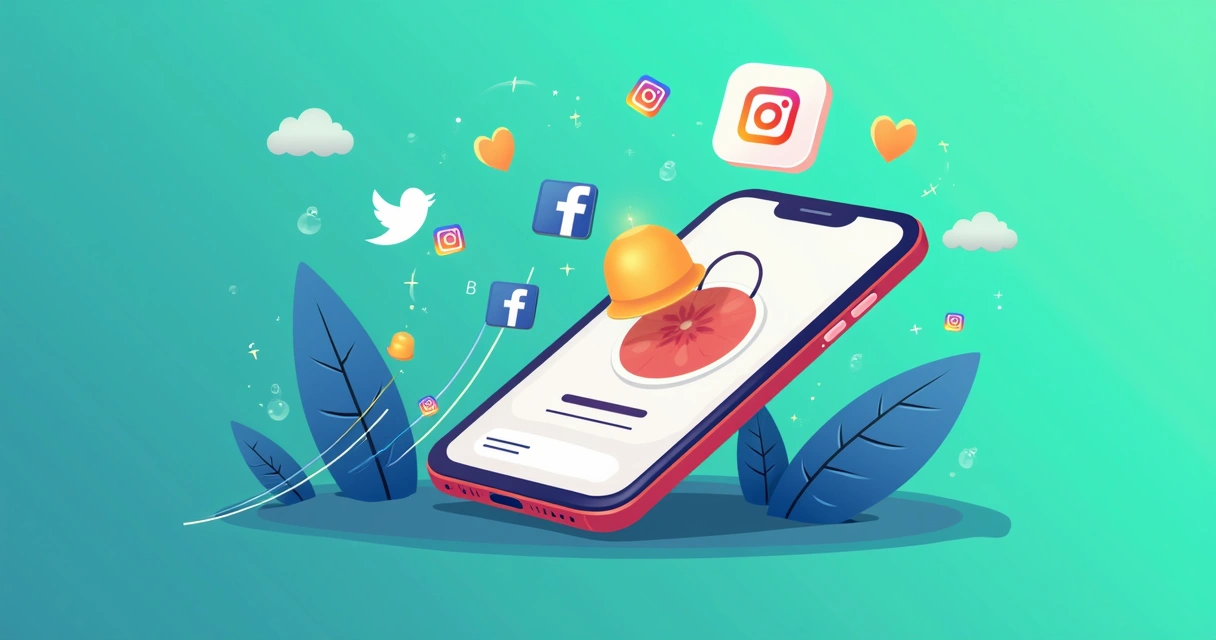 Ilustração de crescimento nas redes sociais com smartphone, ícones de redes, gráfico ascendente e dicas de interação.