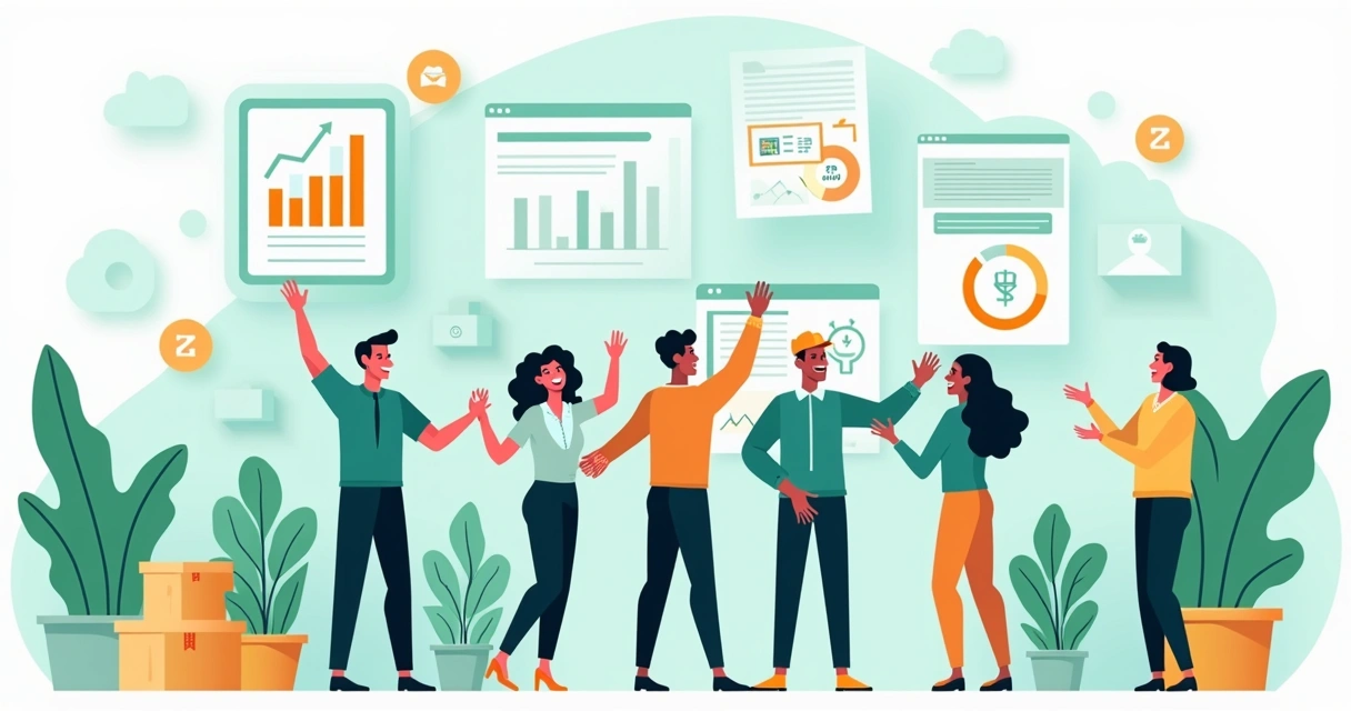 Equipe feliz rodeada por telas com gráficos subindo e caixas representando produtos, simbolizando o crescimento de um negócio com ERP automatizado 